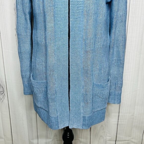 Talbots Womens Sz M Blue 100% Linen Open Front Duster Cardigan Sweater - Picture 3 of 13